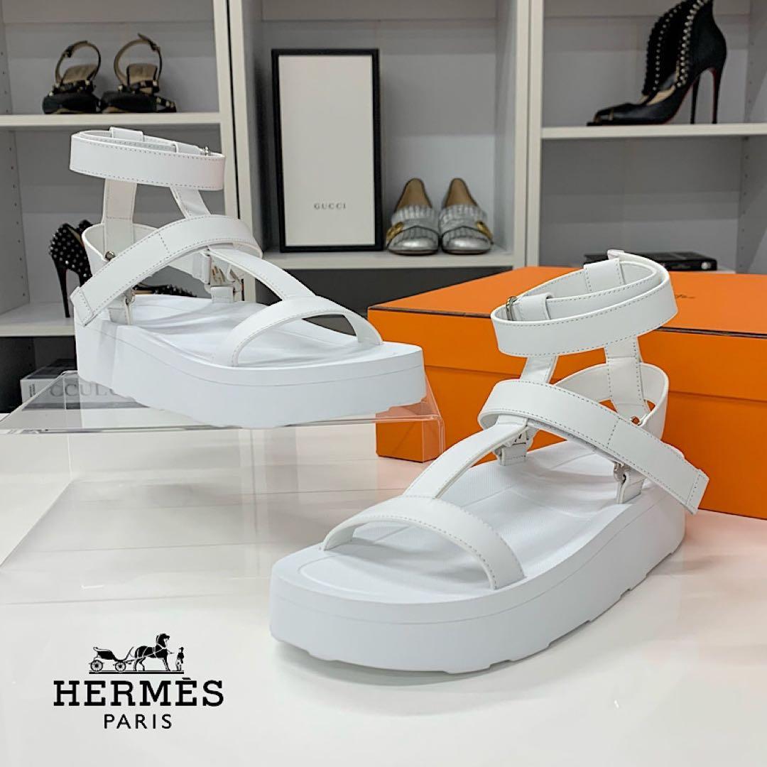 Hermes Enid Leather Velcro Strap Sandals White
