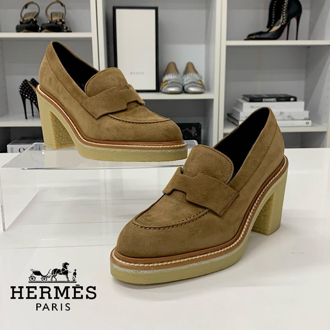Hermes Didi Suede Heels Loafers Brown