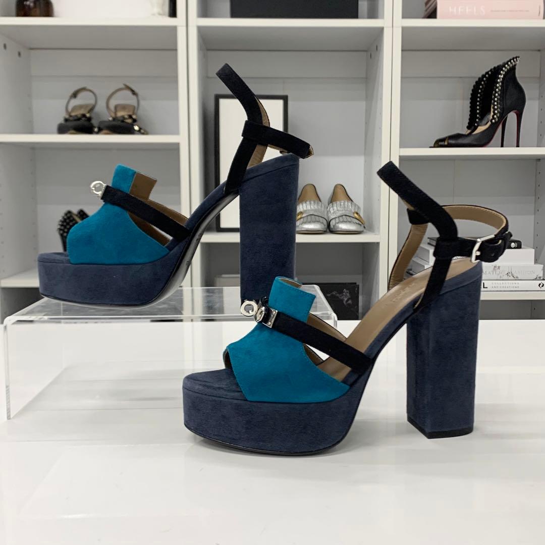 Hermes Kelly Suede Strap Sandals Navy Blue — view 2