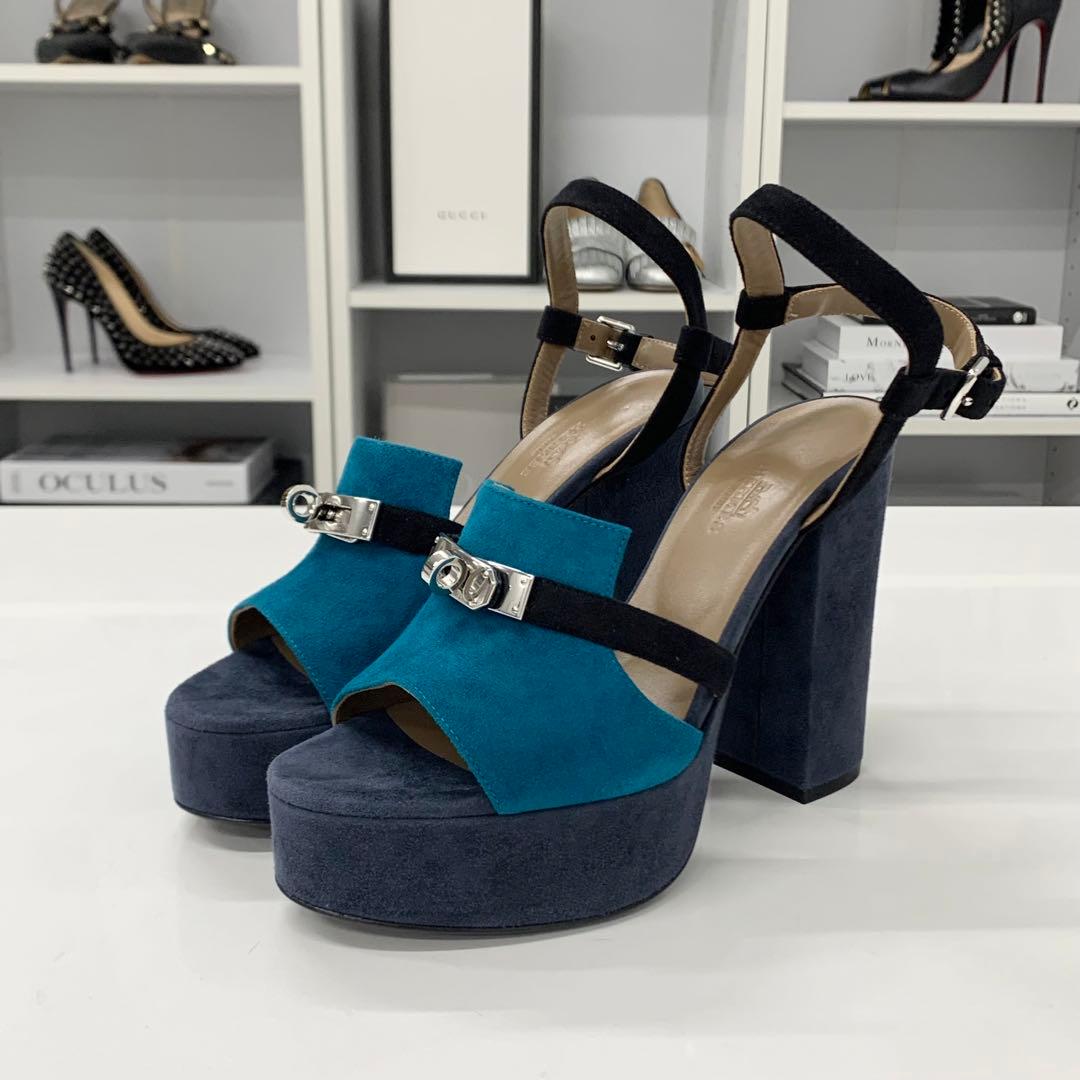 Hermes Kelly Suede Strap Sandals Navy Blue — view 3