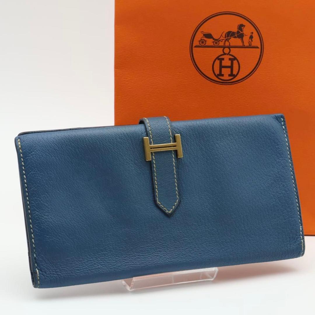 Hermes Bearn Classic Wallet Shavel Blue Gold