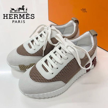 Unused Hermes Bouncing Mesh Suede Sneakers Beige Gray