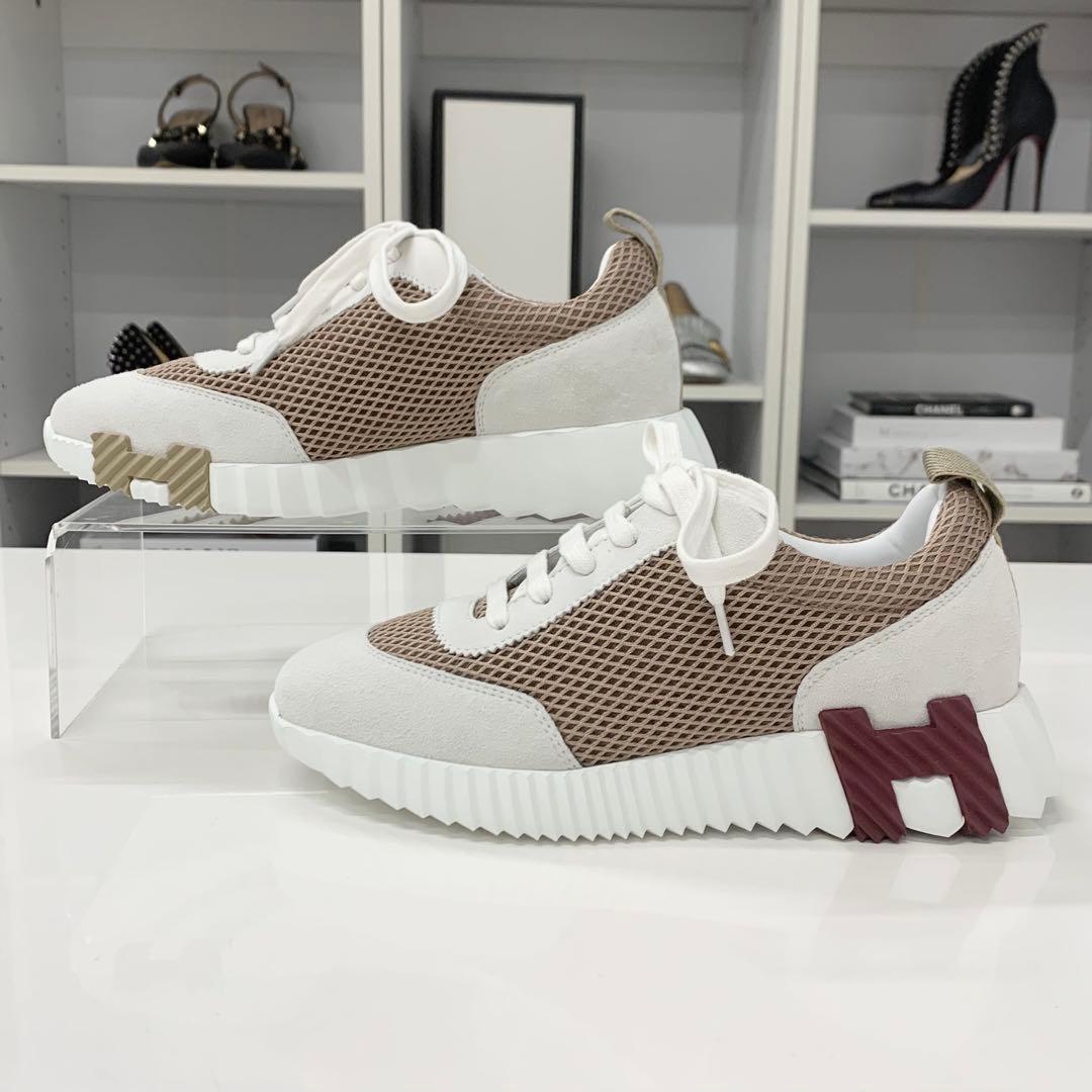 Unused Hermes Bouncing Mesh Suede Sneakers Beige Gray
