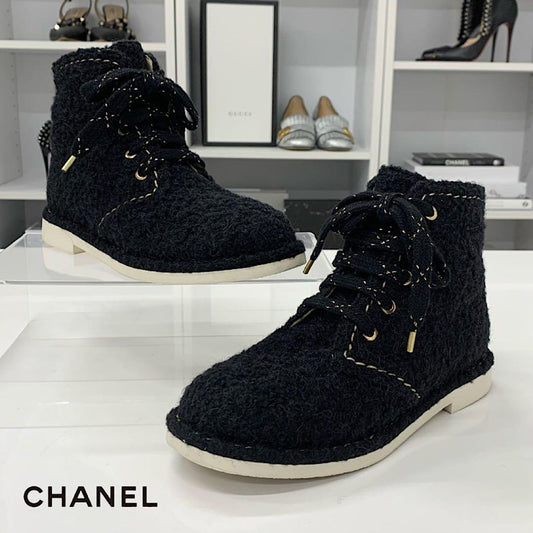 Chanel CC Logo Tweed Short Boots Black