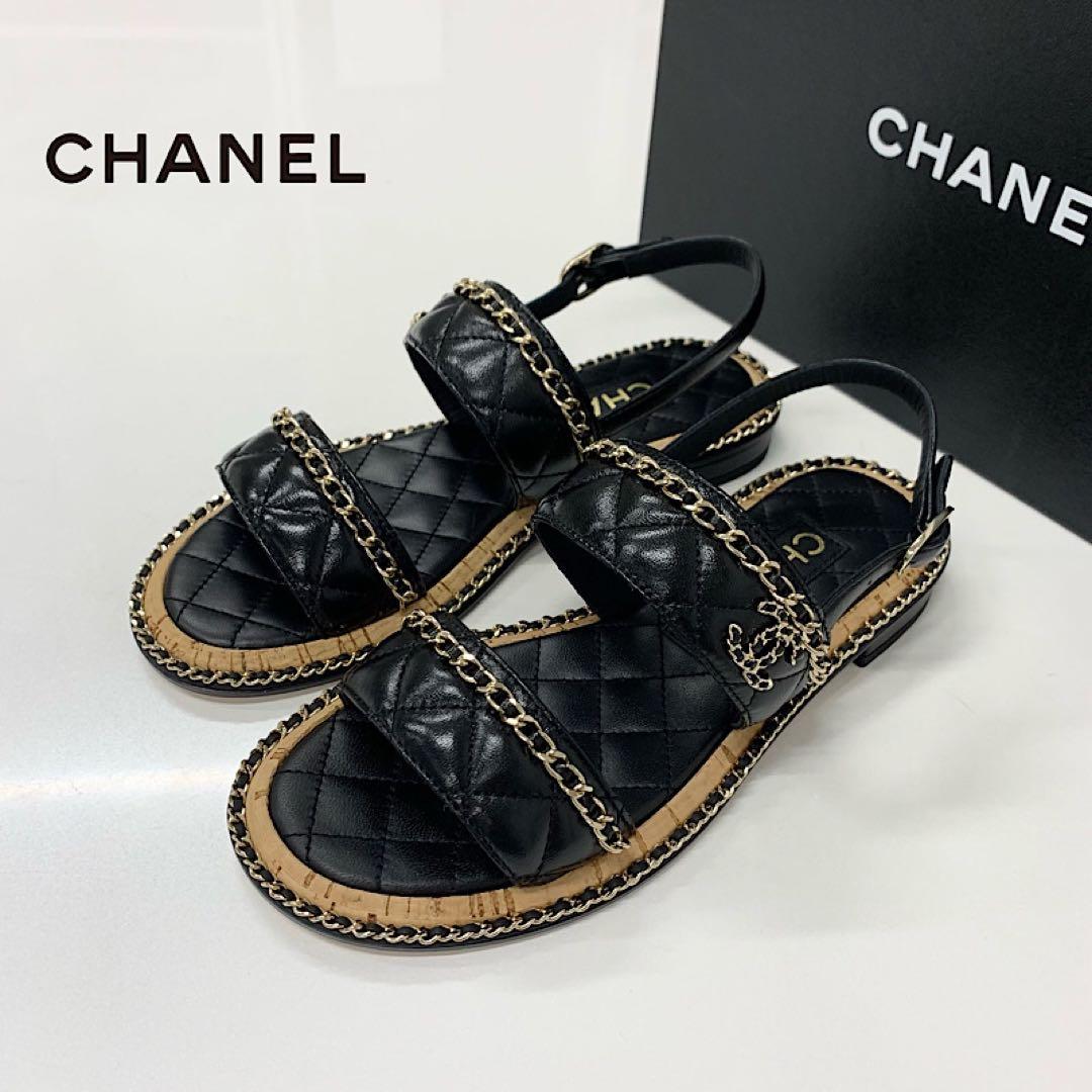 Chanel CC Logo Quilted Chain Leather Cork Sandals