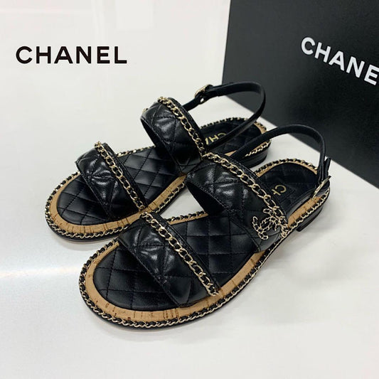 Chanel CC Logo Quilted Chain Leather Cork Sandals