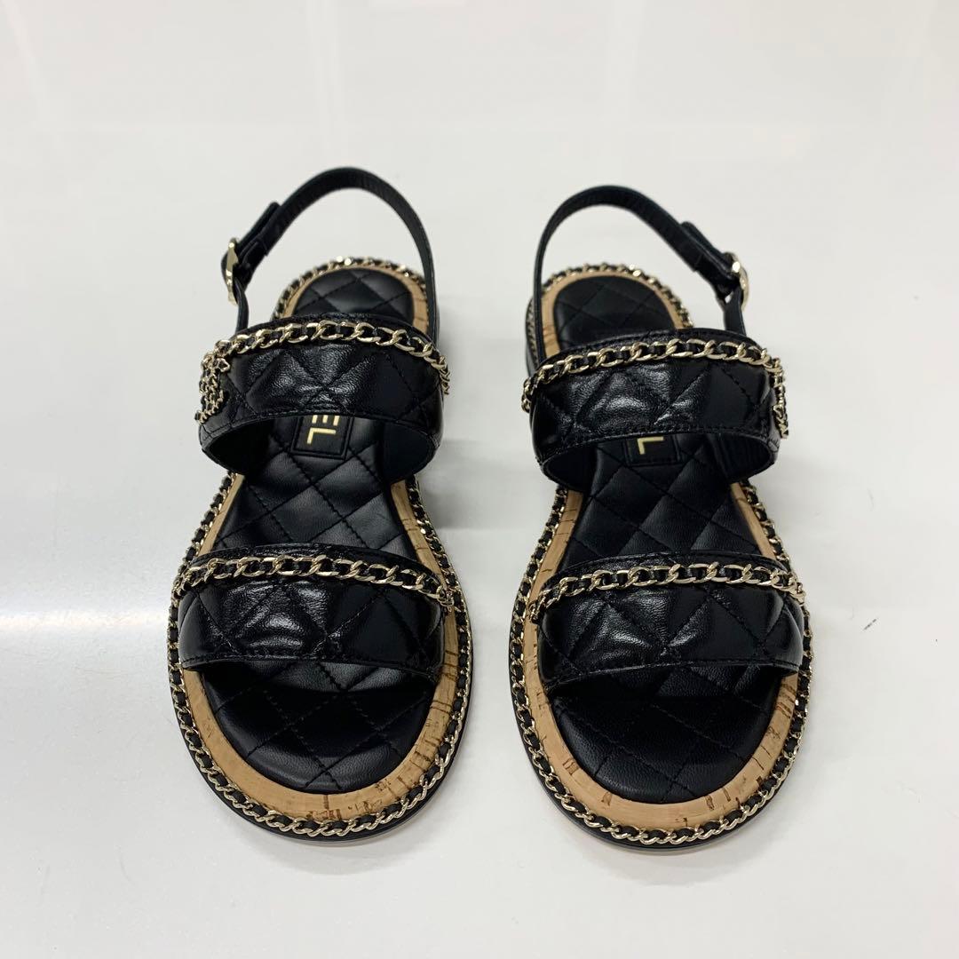 Chanel CC Logo Quilted Chain Leather Cork Sandals — view 2