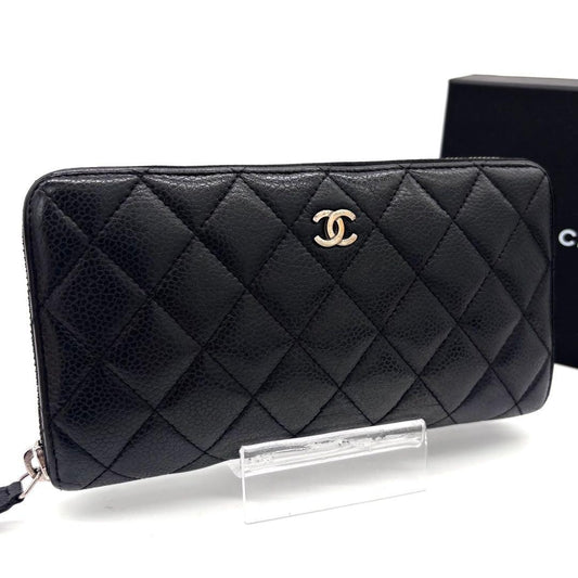 Chanel Quilted Caviar Leather Zip Around Wallet Black