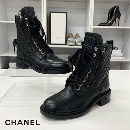 Chanel Matelasse Cocomark Leather Lace-up Short Boots