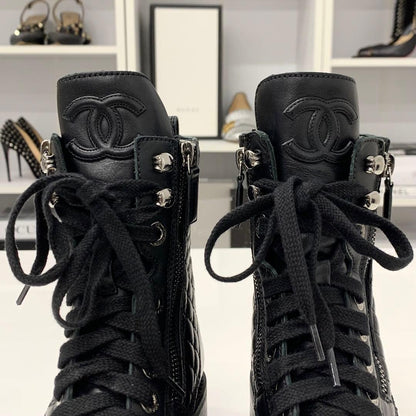 Chanel Matelasse Cocomark Leather Lace-up Short Boots