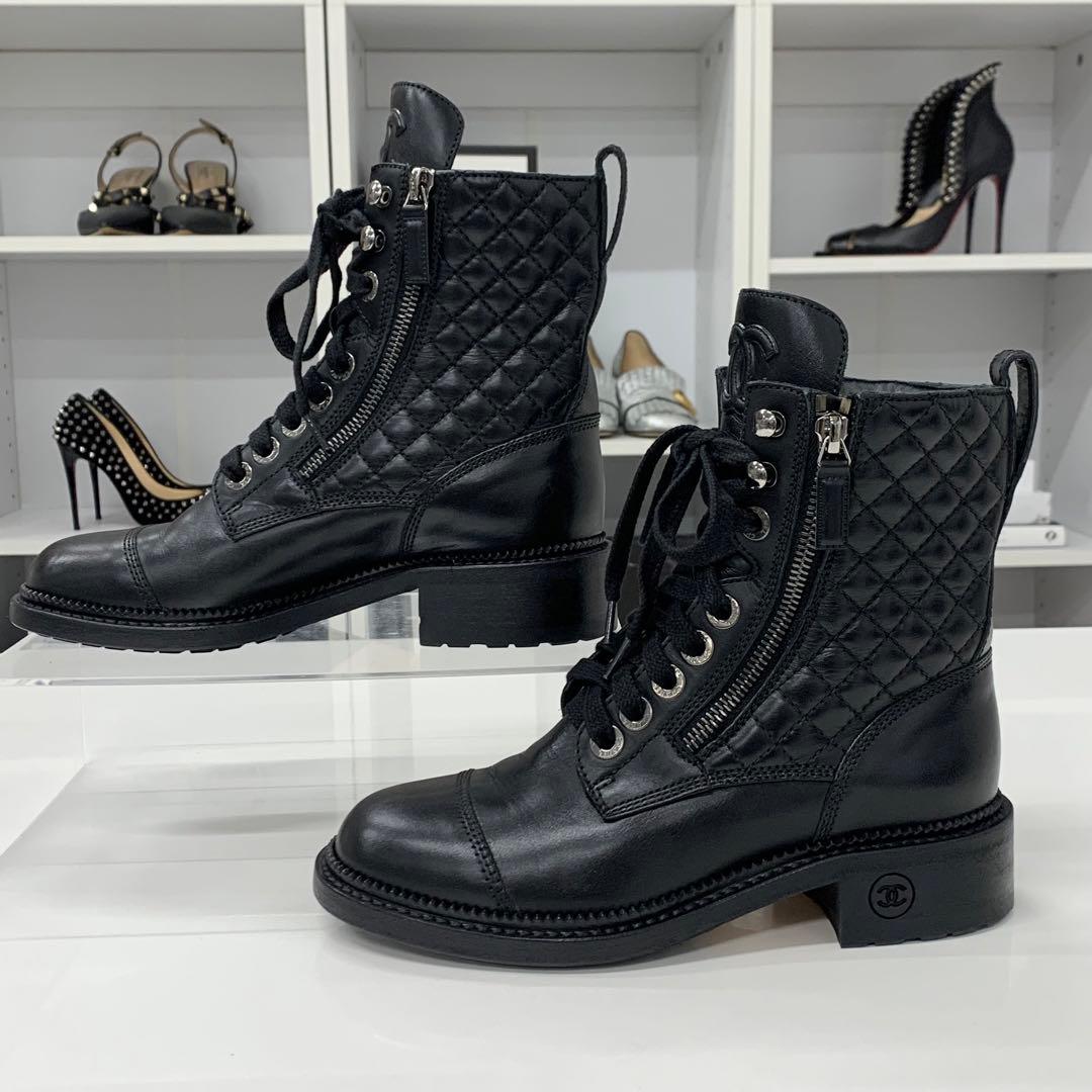 Chanel Matelasse Cocomark Leather Lace-up Short Boots