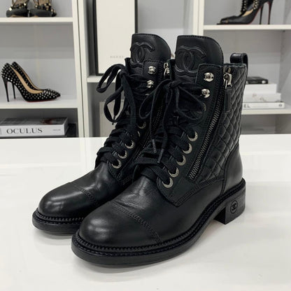 Chanel Matelasse Cocomark Leather Lace-up Short Boots