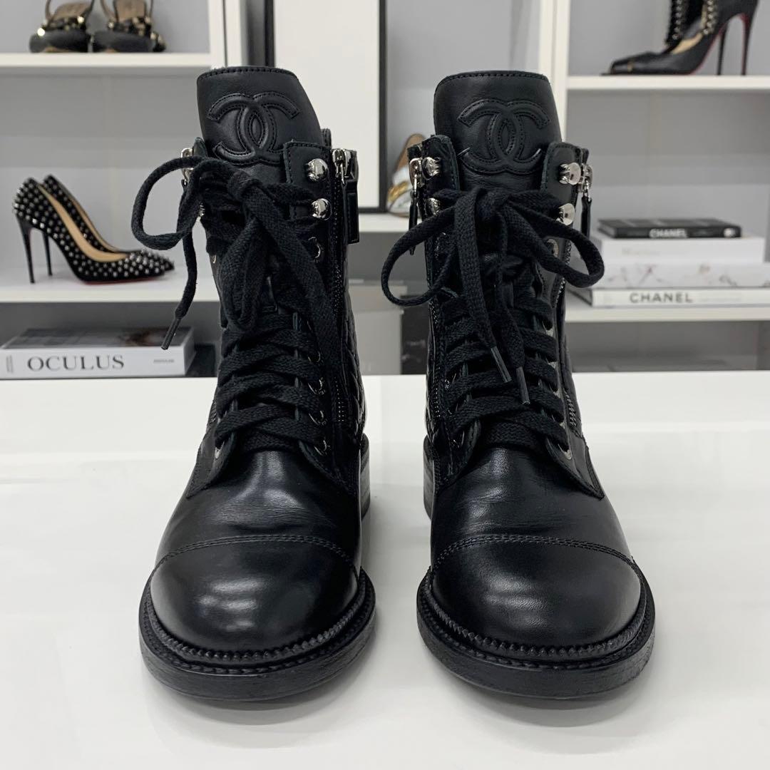 Chanel Matelasse Cocomark Leather Lace-up Short Boots