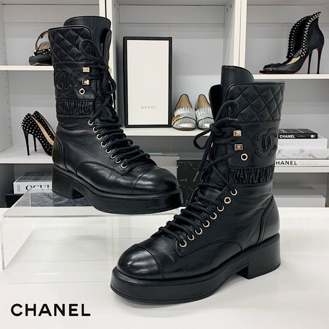 Chanel Leather Matelasse Cocomark Lace-up Middle Boots Black