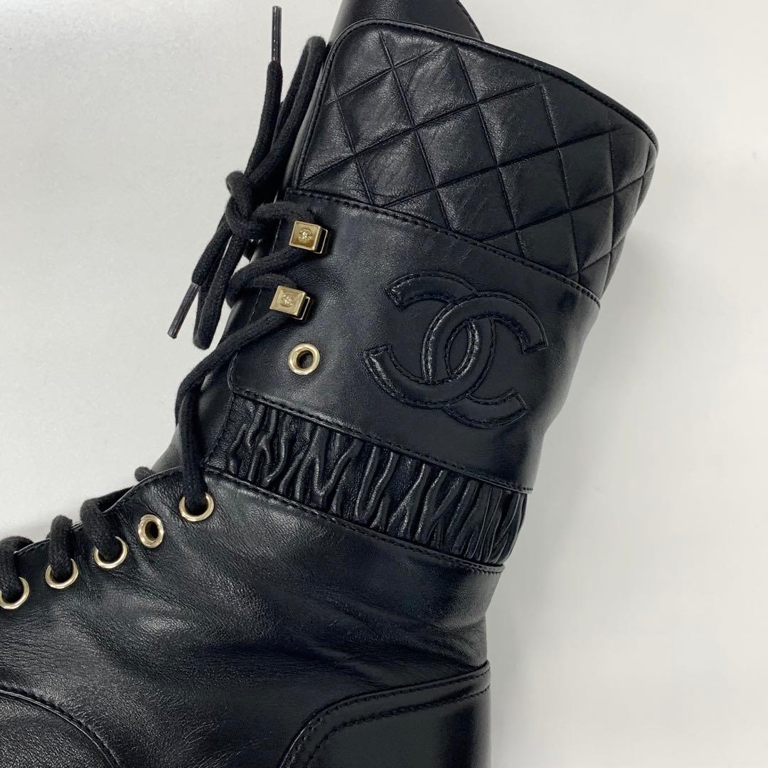 Chanel Leather Matelasse Cocomark Lace-up Middle Boots Black
