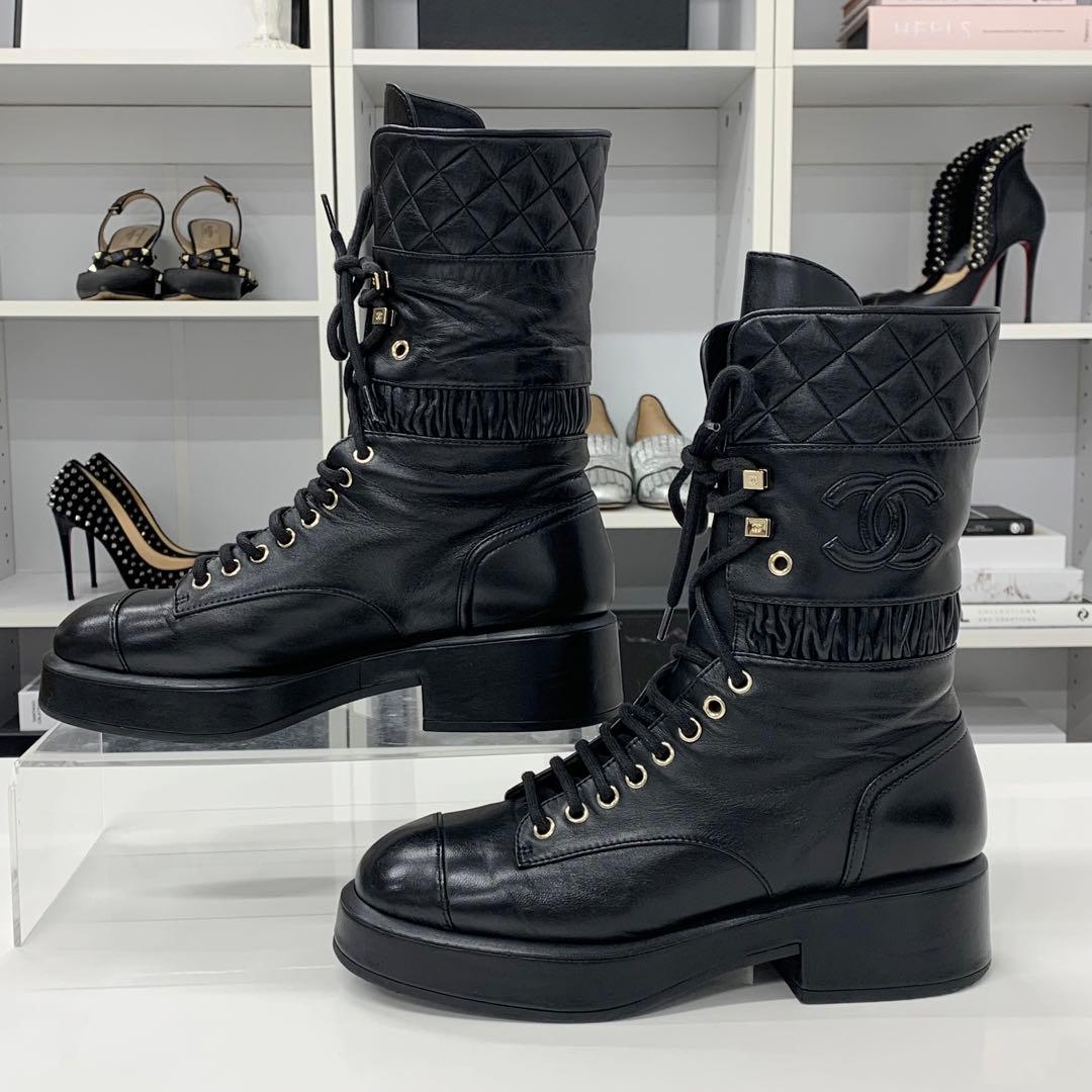 Chanel Leather Matelasse Cocomark Lace-up Middle Boots Black