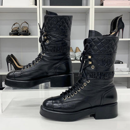 Chanel Leather Matelasse Cocomark Lace-up Middle Boots Black