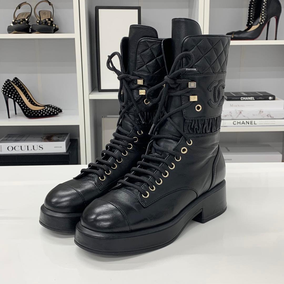 Chanel Leather Matelasse Cocomark Lace-up Middle Boots Black
