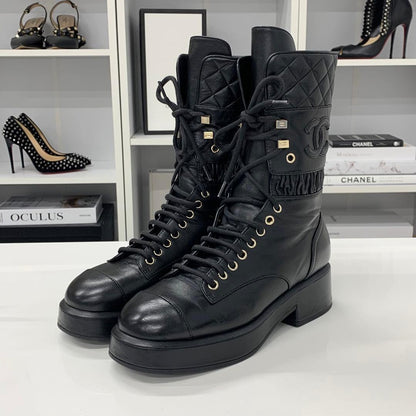 Chanel Leather Matelasse Cocomark Lace-up Middle Boots Black