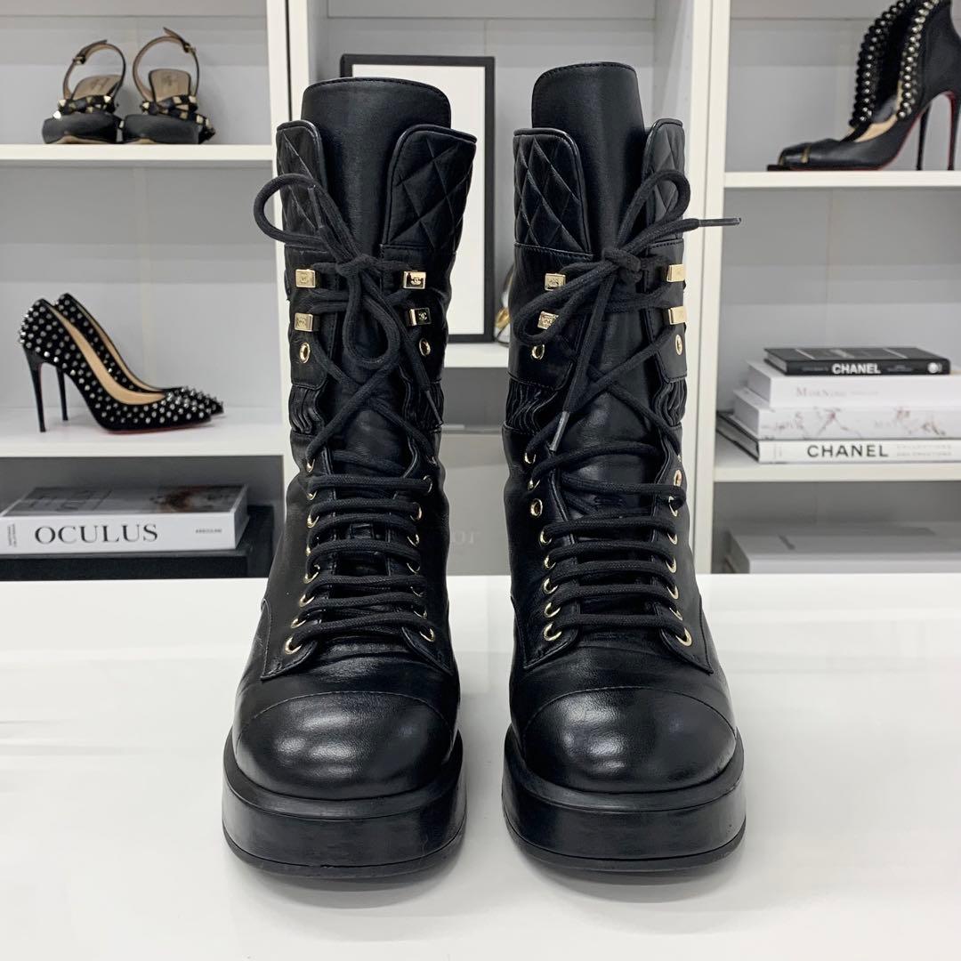Chanel Leather Matelasse Cocomark Lace-up Middle Boots Black