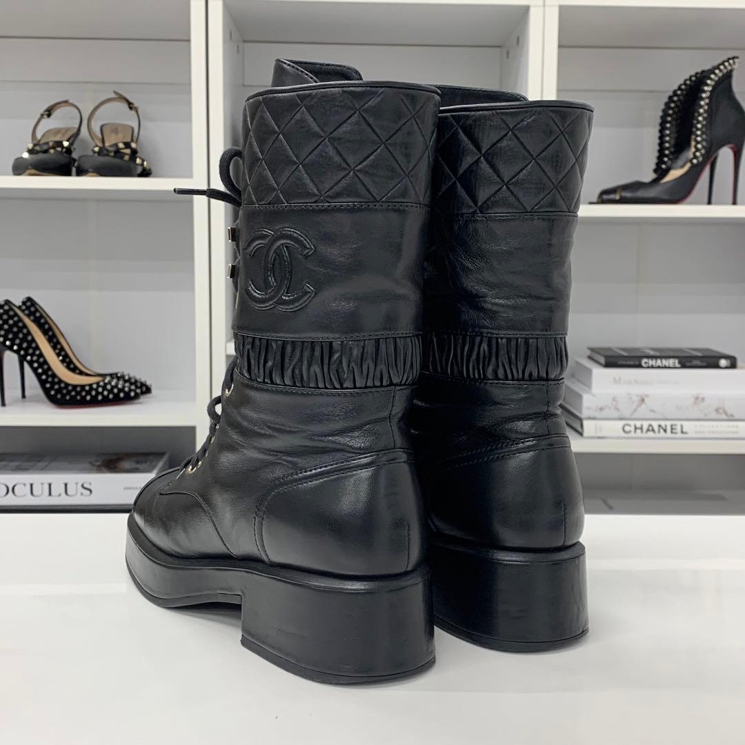 Chanel Leather Matelasse Cocomark Lace-up Middle Boots Black
