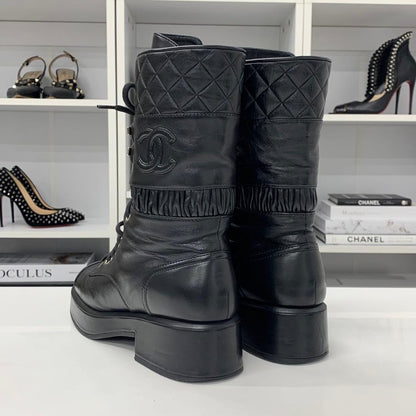Chanel Leather Matelasse Cocomark Lace-up Middle Boots Black