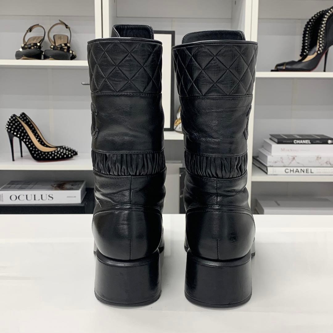 Chanel Leather Matelasse Cocomark Lace-up Middle Boots Black