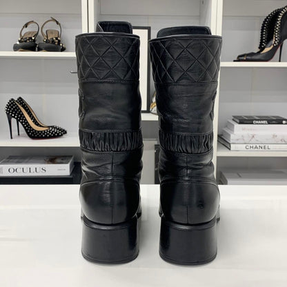 Chanel Leather Matelasse Cocomark Lace-up Middle Boots Black