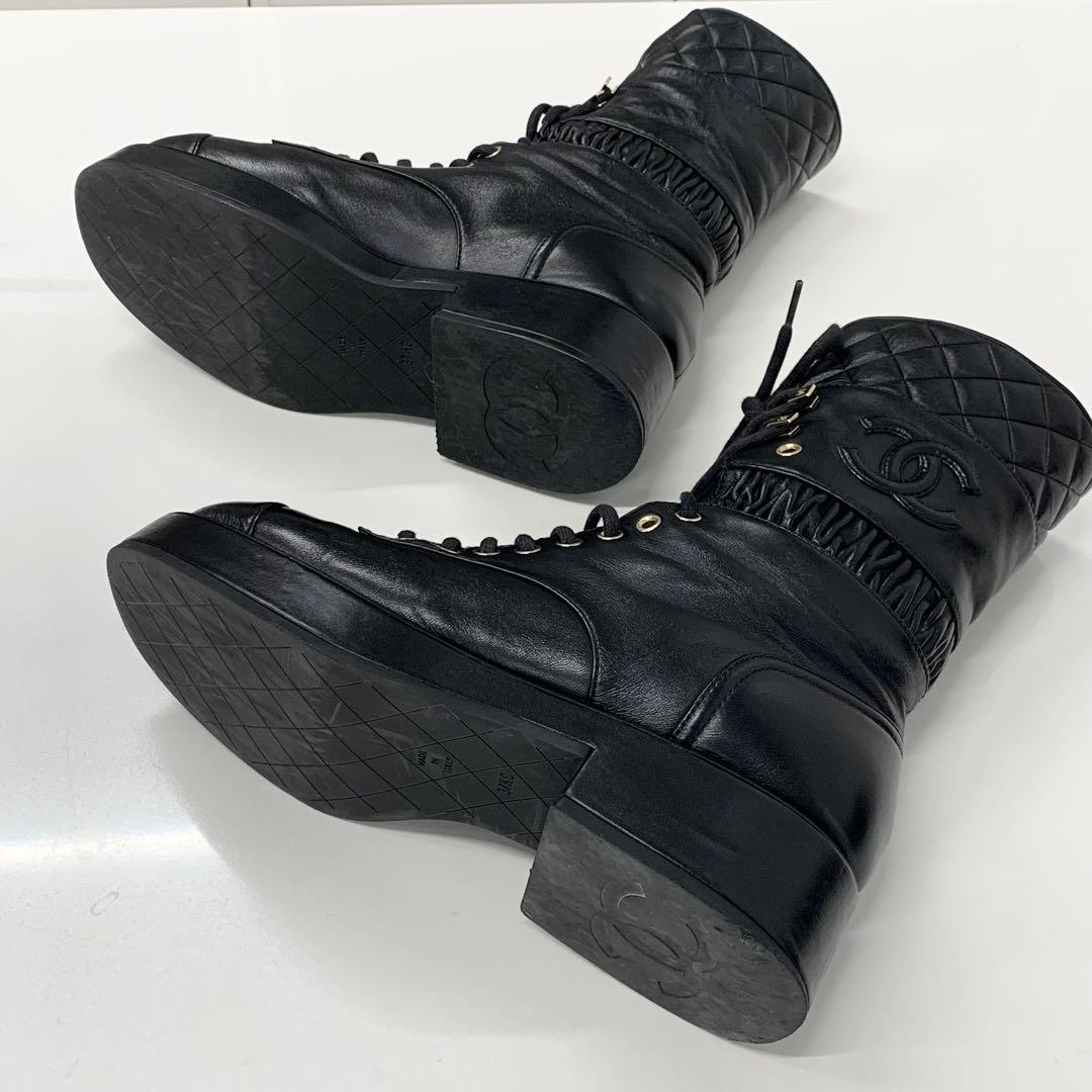 Chanel Leather Matelasse Cocomark Lace-up Middle Boots Black