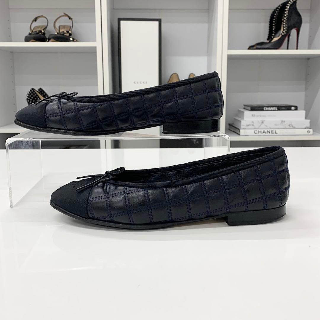 Chanel CC Logo Quilted Leather Fabric Ribbon Ballet Shoes — view 3