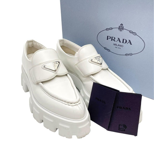 Prada Leather Triangle Plate Logo Loafers White