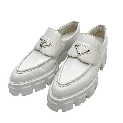 Prada Leather Triangle Plate Logo Loafers White — view 2