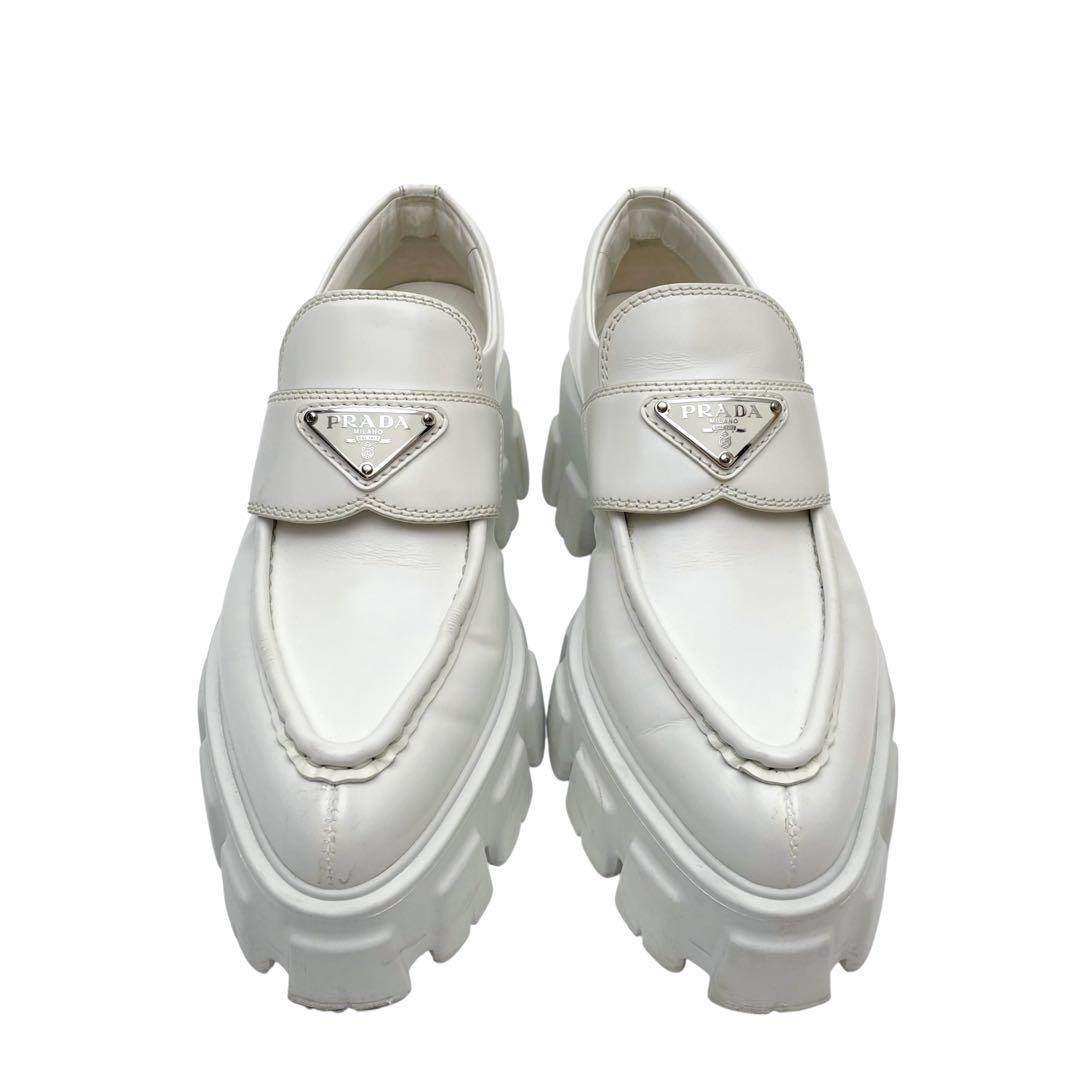 Prada Leather Triangle Plate Logo Loafers White — view 3