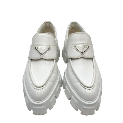 Prada Leather Triangle Plate Logo Loafers White — view 3
