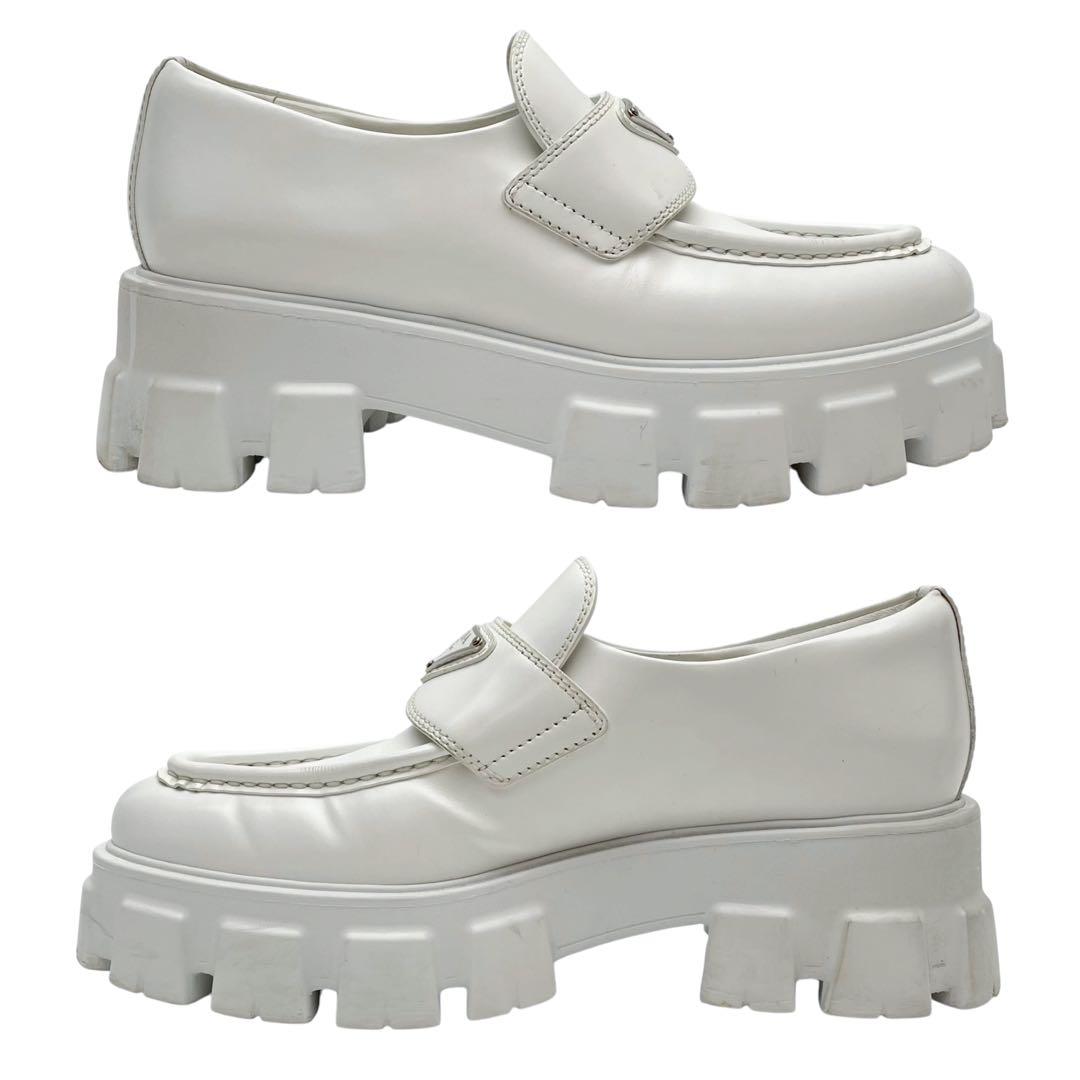 Prada Leather Triangle Plate Logo Loafers White — view 5