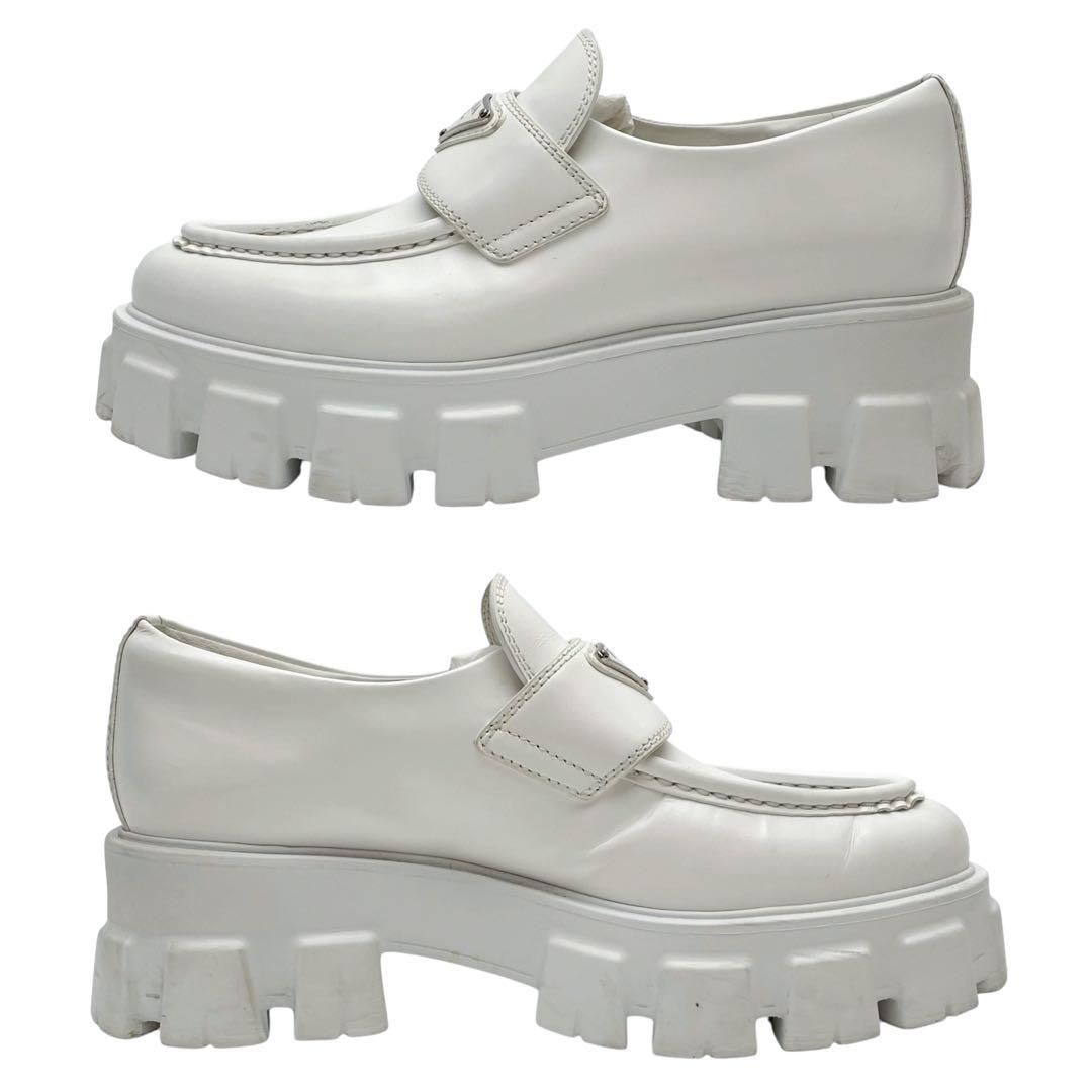 Prada Leather Triangle Plate Logo Loafers White — view 6