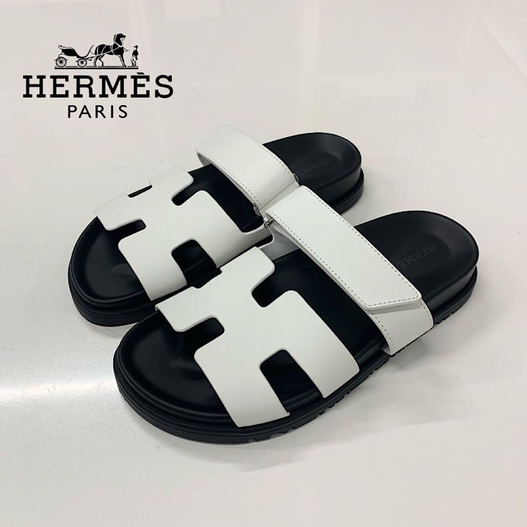 Hermes Chypre Leather Flat Sandals White