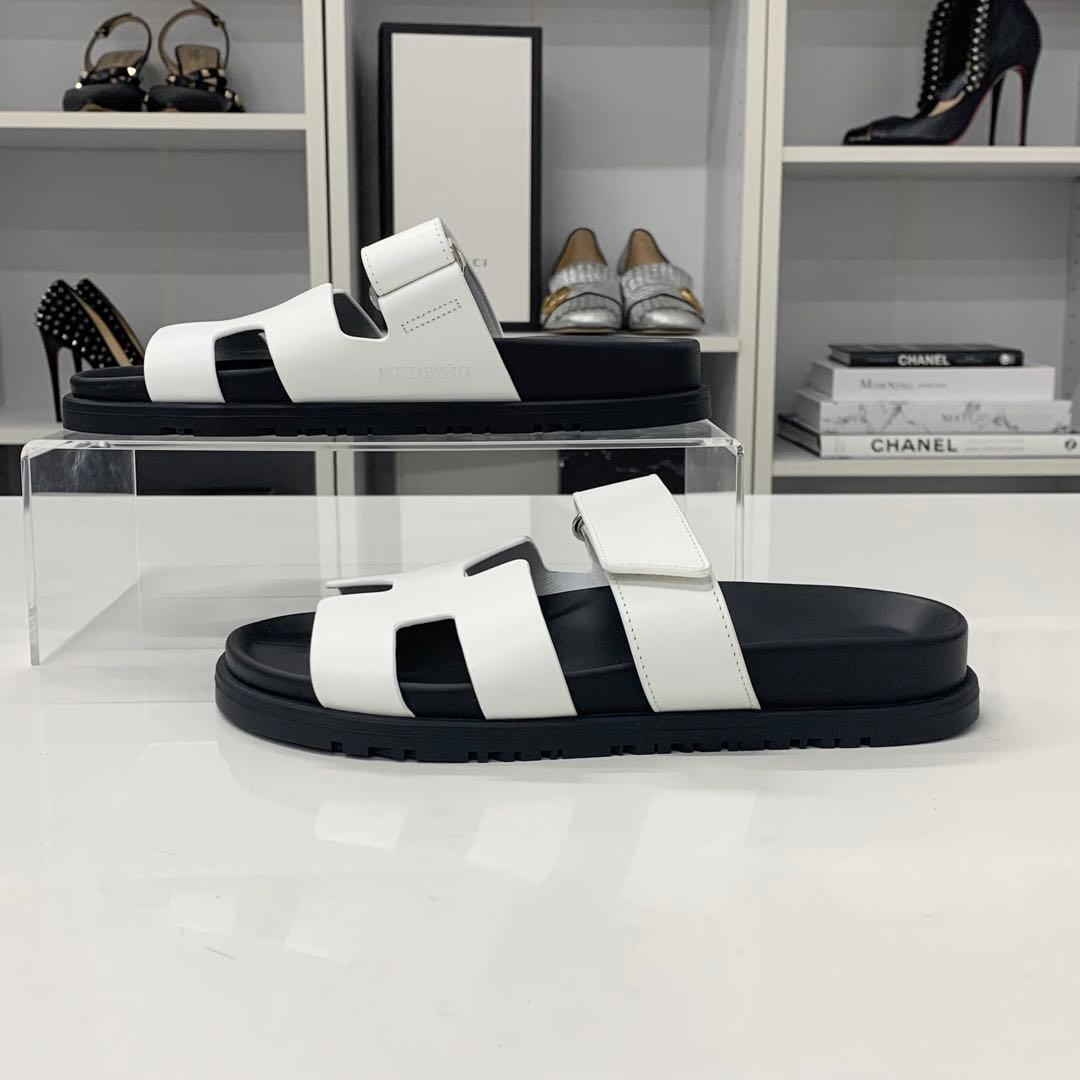 Hermes Chypre Leather Flat Sandals White — view 3