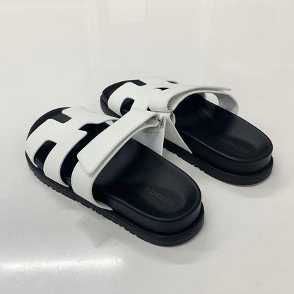 Hermes Chypre Leather Flat Sandals White — view 4