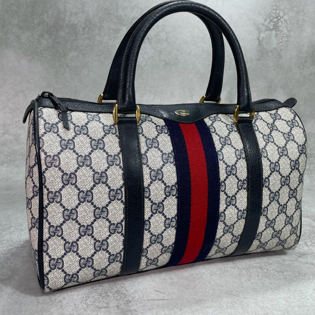 Gucci GG Sherry Line Boston Bag Navy Logo Leather