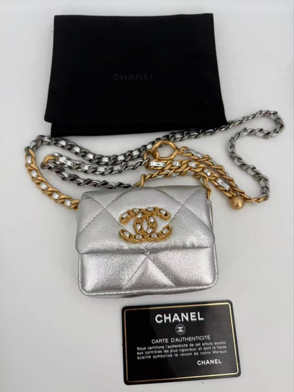 Chanel 19 Quilted Metallic Silver Chain Waist Pouch