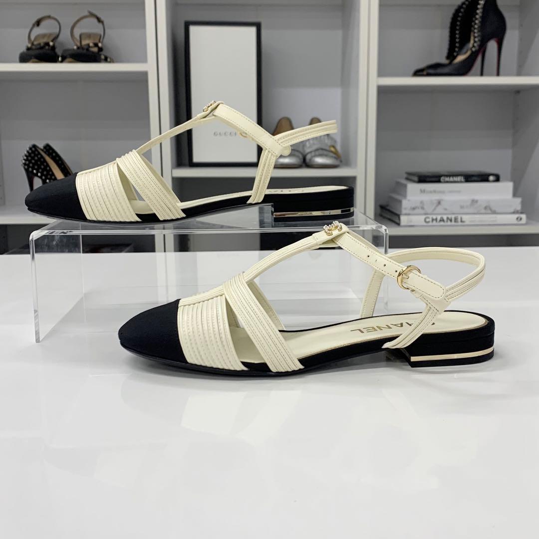 Chanel CC Logo Pearl Leather Fabric Strap Flat Shoes
