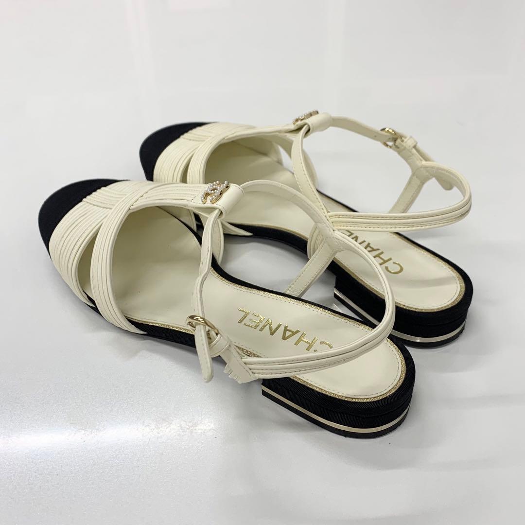Chanel CC Logo Pearl Leather Fabric Strap Flat Shoes