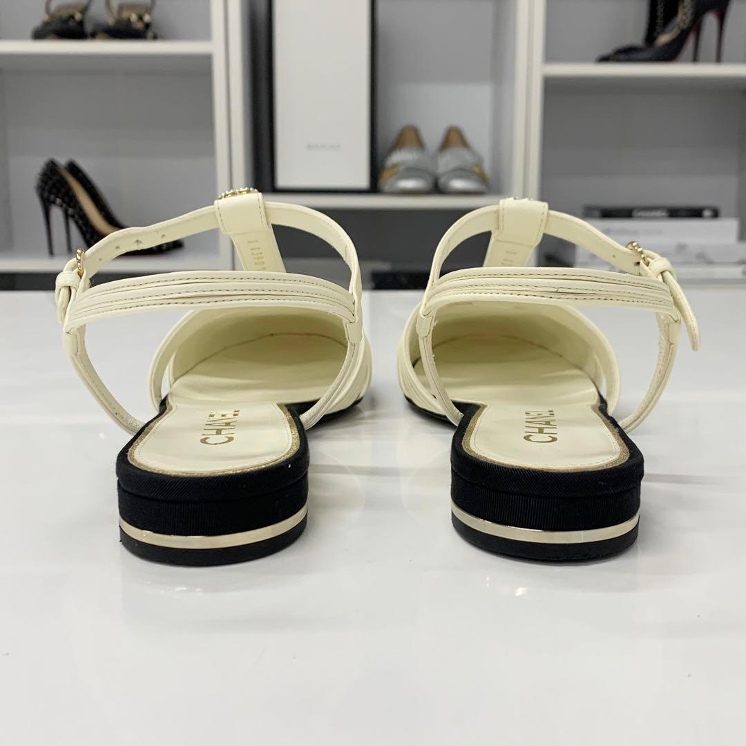 Chanel CC Logo Pearl Leather Fabric Strap Flat Shoes
