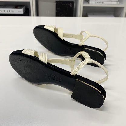 Chanel CC Logo Pearl Leather Fabric Strap Flat Shoes
