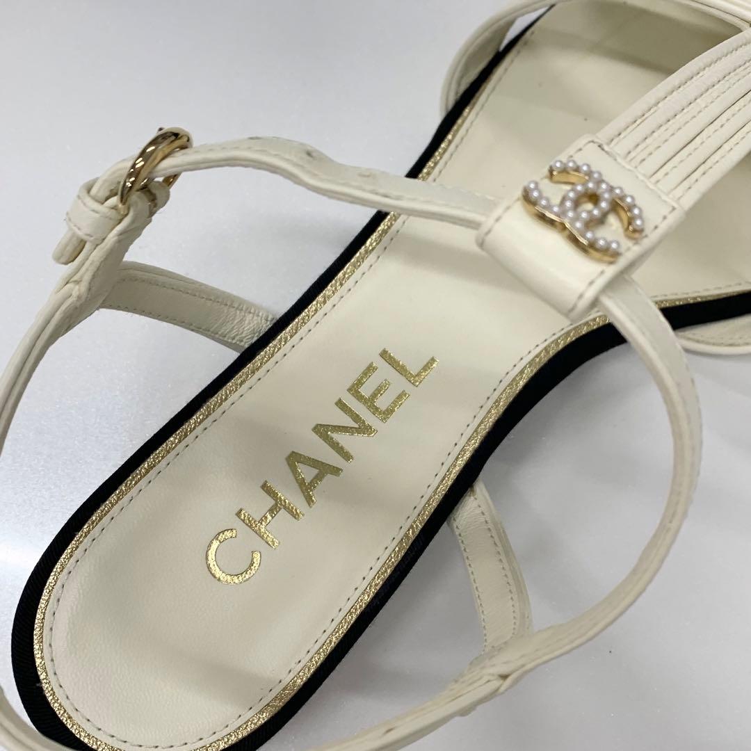 Chanel CC Logo Pearl Leather Fabric Strap Flat Shoes
