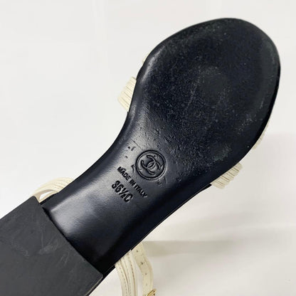 Chanel CC Logo Pearl Leather Fabric Strap Flat Shoes