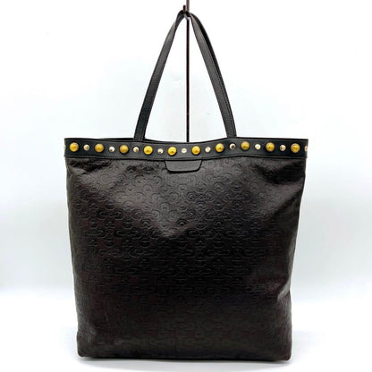 Gucci Tote Bag Horsebit Shape Push Studded Leather Dark Brown