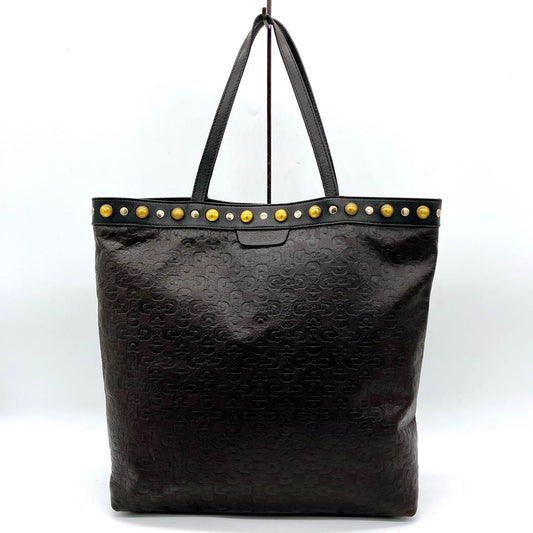 Gucci Tote Bag Horsebit Shape Push Studded Leather Dark Brown