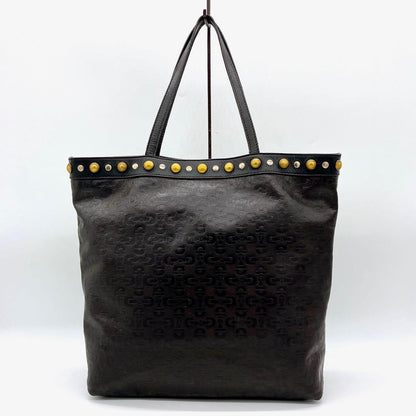 Gucci Tote Bag Horsebit Shape Push Studded Leather Dark Brown